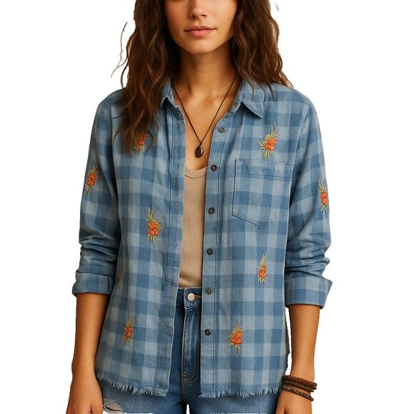Embroidered Plaid Button-Down Shirt – M – Blue Multi – Raw Hem – NWT (Tru Luxe) - Picture 1 of 10